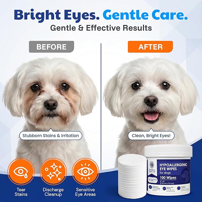 American Kennel Club Pet Eye Wipes for Dogs & Cats – Tear Stain Remover & Eye Discharge Cleaner – Hypoallergenic Grooming Wipes, 100 Count (Unscented)