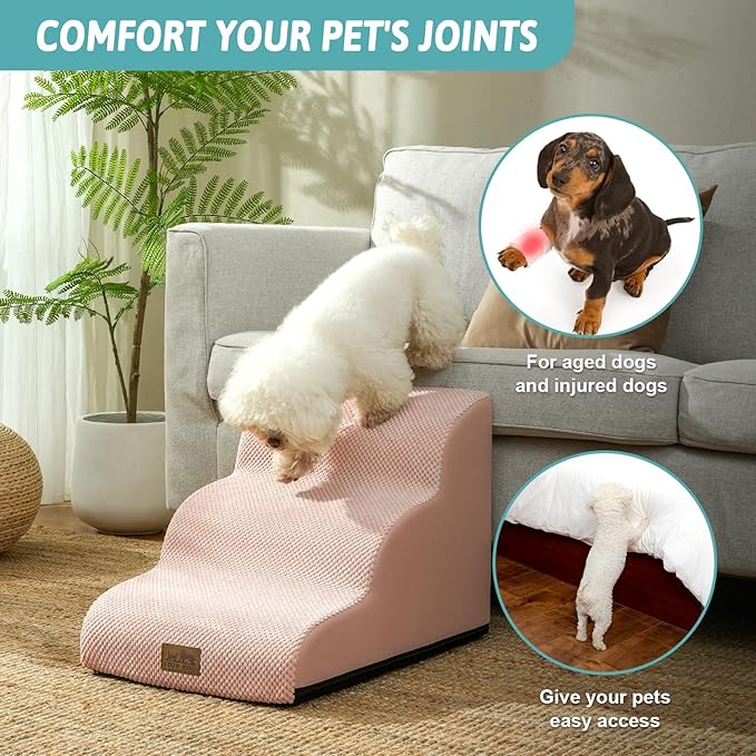 Dog Stairs for Small Dogs 15.7" H, Curved Dog Step for Puppy, Older Cat, Medium Pet Ramp for Sofa, Couch or Chair, Ladder with High Density Foam, 3 Step, 15.7x22.4x15.7 inch, Pink