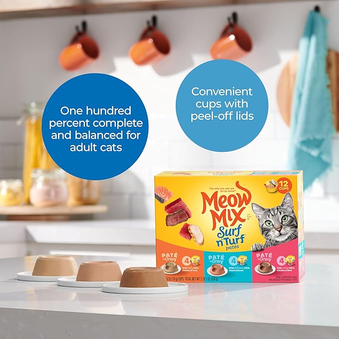 Meow Mix Paté in Gravy Wet Cat Food Variety Pack, Surf n’ Turf Patés 2.75 Ounce (Pack of 12)