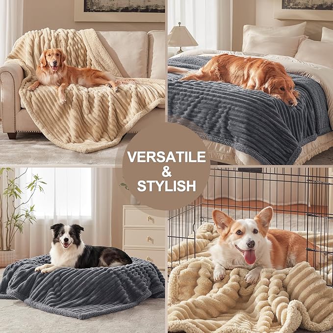 Waterproof Dog Blanket for Small Dogs, Washable Soft Puppy Cat Blanket Flannel Cotton Velour for Sofa Couch Protector, Comfort & Security Reversible Bed Protection for Pet, 25"X35", Khaki