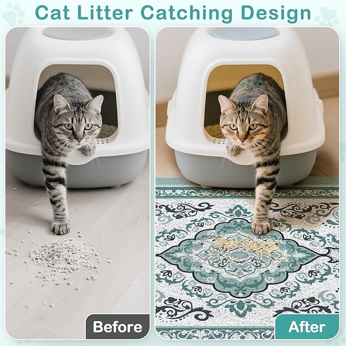Unicorn Catcher Cat Litter Mat 33" x 22" Non-Slip Litter Box Mat Washable Litter Catcher Mat for Litter Box Indoor Food Mat Supplies Essentials, Dark Cyan
