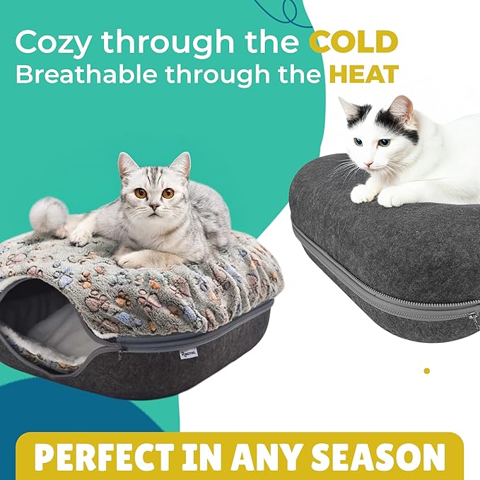 RINGTAIL Peekaboo Cat Cave - for Multiple & Large Cats Up to 30-45 lbs, Comfy Donut Cat Bed with 2 Soft Fluffy Fleece Cat Blankets, Scratch, Detachable & Washable Tunnel Bed (Dark Gray, Large)