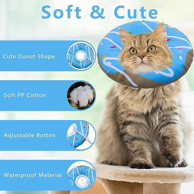 Seyezo Cat Cone Collar Soft, Adjustable Cat Recovery Collars Kitten Cones to Stop Licking, Cute Donut E Collar After Surgery, Cats Neck Pillow Elizabethan Cones of Shame (Waterproof Blue, Small)