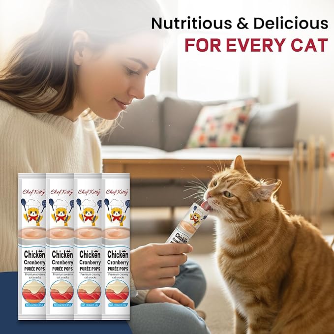 Purée Pops, Cat Treats, Grain-Free, Lickable, Squeezable Creamy Cat Treat/Topper with Vitamin E & Taurine, 0.5 Ounces Each Tube, 10 Tubes, Chicken with Cranberry Recipe