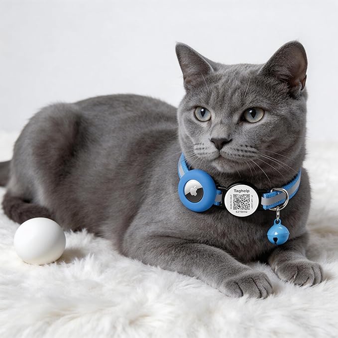 Reflective AirTag Cat Collar, Integrated Cat Collar with Air Tag Holder and Bell, Breakaway with QR Code Name Tag,Safety Elastic Band Cat Collars for Girl Boy Cats, Kittens and Puppies (Blue)