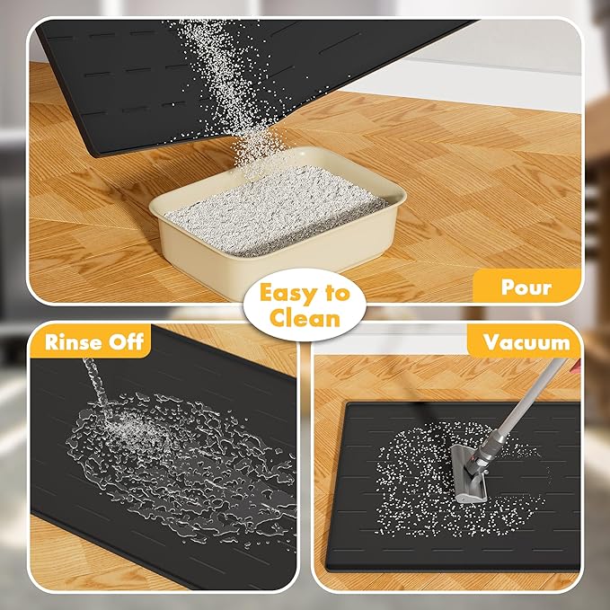 Pieviev Silicone Cat Litter Trapping Mat, 34''x22'' Large Cat Litter Mat, Easy to Clean & Soft on Kitty Paws, Waterproof Kitty Litter Pads for Indoor Cats, Black