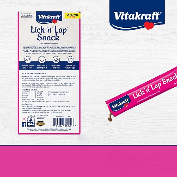 Vitakraft Lick 'n' Lap Snack Creamy, Cat Treat with Real Salmon, 80 Count