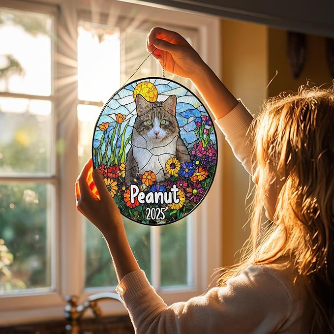 Custom Dog Portrait Art Suncatcher Stained Glass Remembrance Gift Indoor Decor Window Hanging Cat Bereavement Keepsake Loss of Pet Sympathy with Name Date Portrait Gifts