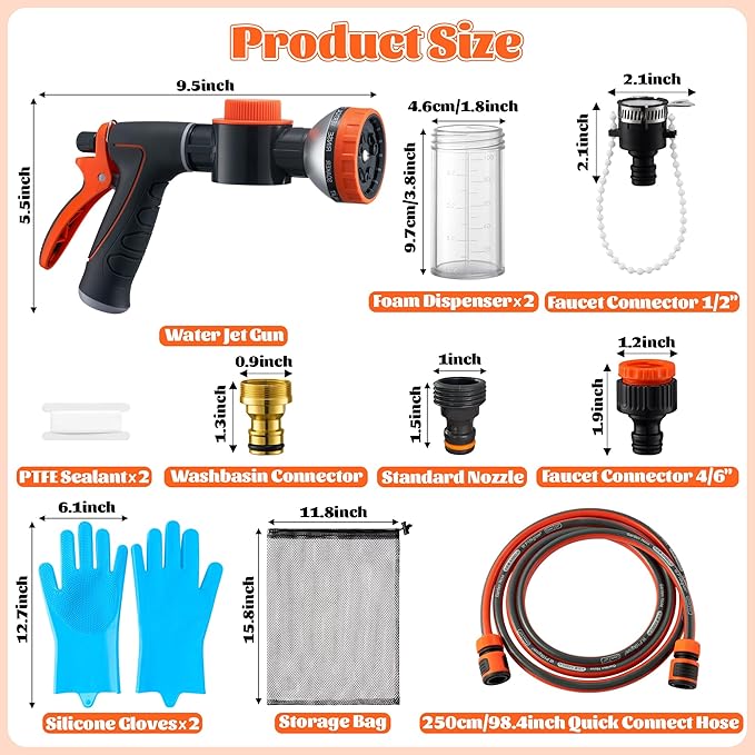 MALLMALL6 Dog Washing Hose Attachment with Pet Grooming Glove & 2 Soap Dispenser, 10-in-1 Spray Modes Foam Nozzle Sprayer with 8.2Ft Pup Washer Hose for Showering Pets Car Wash Watering Flowers