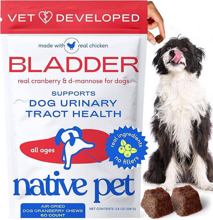 Native Pet Dog UTI Treatment - Cranberry Supplement for Dogs - Supports Normal Bladder Function, Urinary Tract & Kidney Health - Real Cranberry Extract, D-Mannose & Probiotics - Air-Dried - 60 Chews
