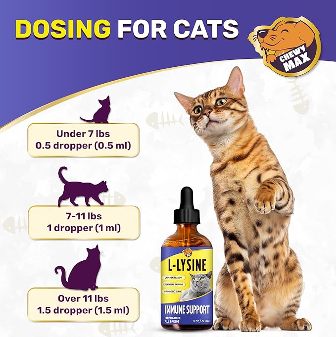 L Lysine for Cats & Kittens Helps with Watery Eyes, Sneezing, Cough, Runny Nose – Natural Cat Antibiotic Supplement with Taurine, Vitamins for Eye Function & Immune Support – Chicken Flavor – 2 oz