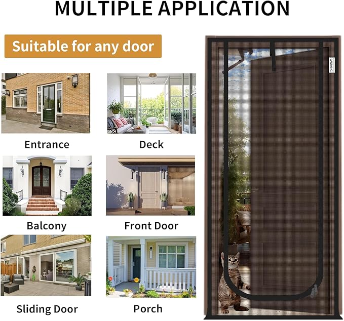 Cat Screen Door 34x83'' Reinforced Cats Resistant Mesh Screen Door with Zipper Closure, Pets Scratch Proof Screen for Living Room, Bedroom, Patio, Fits Openings 32x81''