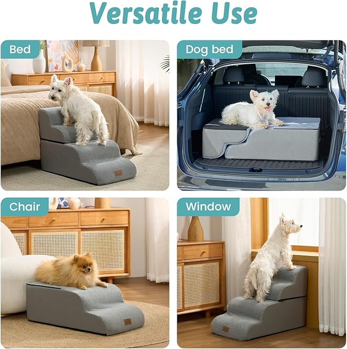 Detachable Curved Wide Dog Stairs 19.7" H, 4 Step Small Dog Step for Puppy or Older Cat, Ramp for Bed, Sofa, Couch or Chair, Ladder with High Density Foam, 17.7x28.3x19.7 inch, Grey