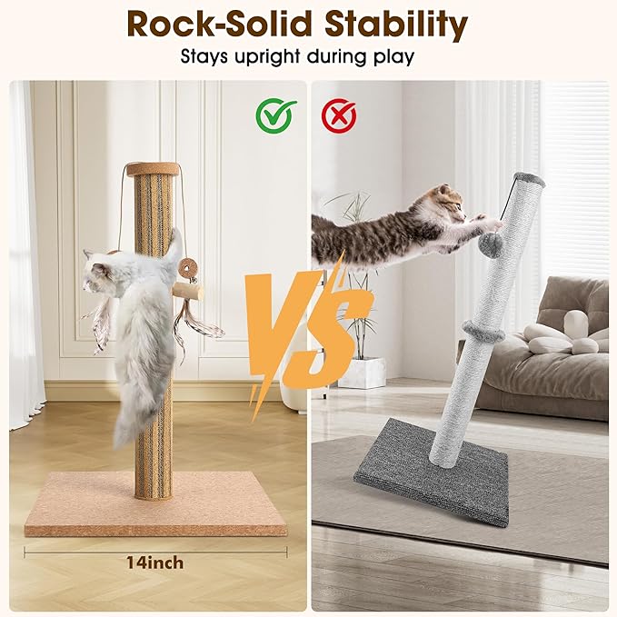 Natural Cork Vertical Cat Scratching Post-Cork-cat Scratcher with Feather Toy-cat Tree-cat scratchers for Indoor Cats Toys Stable Base-Eco-Friendly-Safe-Noise-Reducing for Claw Health-Home Decorate