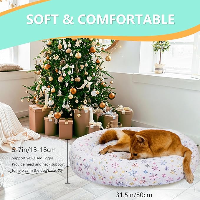 31 Inch Christmas Snowflakes Calming Dog Bed for Medium Dogs, Round Anti-Anxiety Warm Bed, Soft Cozy Anti-Slip Donut Washable Pet Bed, Fits up to 50 lbs Pets