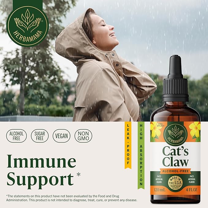 HERBAMAMA Cat's Claw Tincture - Vegan Immune Support with Cat's Claw Extract Supplement - Non-GMO, Alcohol & Sugar-Free Uncaria Tomentosa Extract Drops - 84-Day Supply