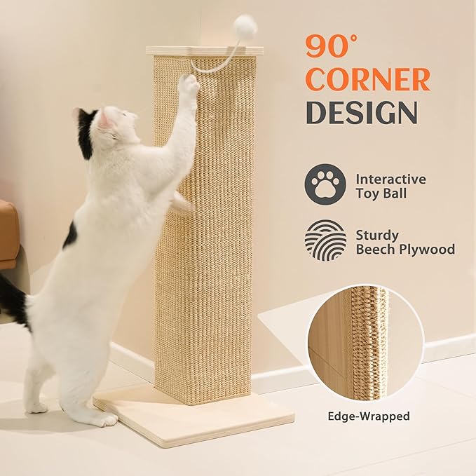 PETKARAY Couch Corner Cat Scratcher, 28'' Corner Wall Scratching Post, Sisal Cat Scratch Pad for Sofa & Furniture Protection with Toy Ball