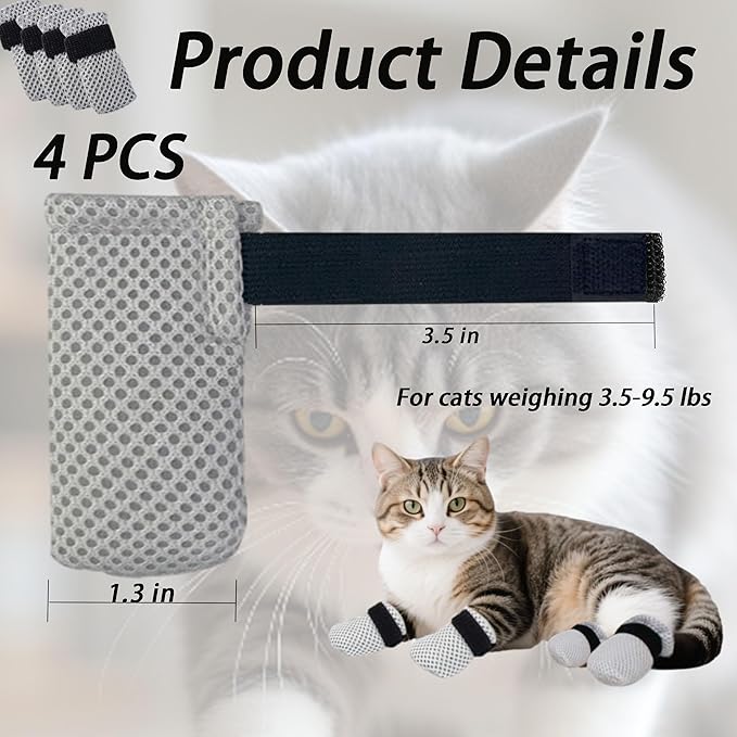 Cat Mittens to Prevent Scratching,Mesh Breathable Cat Shoes Booties,Adjustable Cats Anti Scratch Gloves,Suitable for Cats When Bathing and Nail Trimming（4 PCS ）