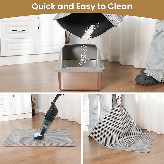 Cat Litter Mat 24x18 Inches, Honeycomb Double Layer Traps Litter & Waterproof Leatherette Bottom Prevents Urine Leaks, Durable & Easy Clean Pet Floor Protector for Cat Litter Box Area（Grey）