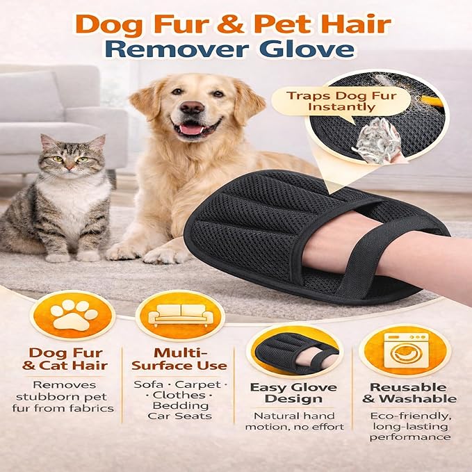 Pet Hair Removal Glove for Cats & Dogs – Upgraded Five-Finger Electrostatic Pet Hair Gloves, Reusable Magic Brush Pet Hair Remover Tool for Clothing, Laundry, Couch, Carpet & Car Seat