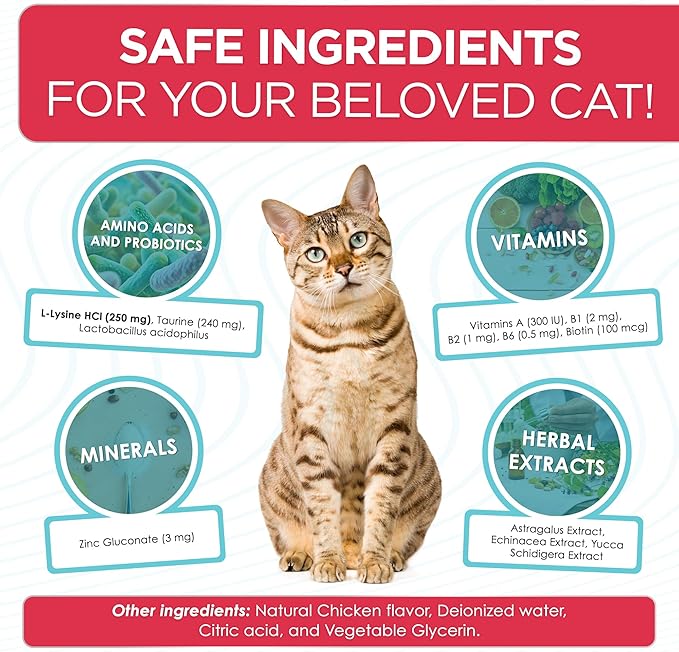 Liquid L Lysine for Cats – Aid for Watery Eyes, Sneezing & Allergy – Supplement with Taurine & Vitamins for All Breeds – Cat Probiotic for Digestion Care – Natural Chicken Flavor – 2 oz + 2 oz Pack