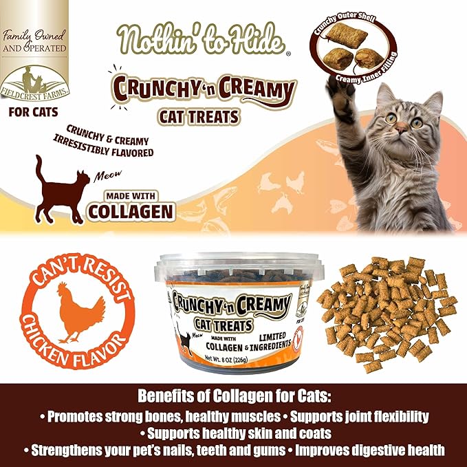 Fieldcrest Farms Nothin’ to Hide Collagen Cat Treats – Crunchy & Creamy Cat Snacks, High-Protein Healthy Treats for Skin, Coat & Joint Support, Chicken Flavor, 8 oz.