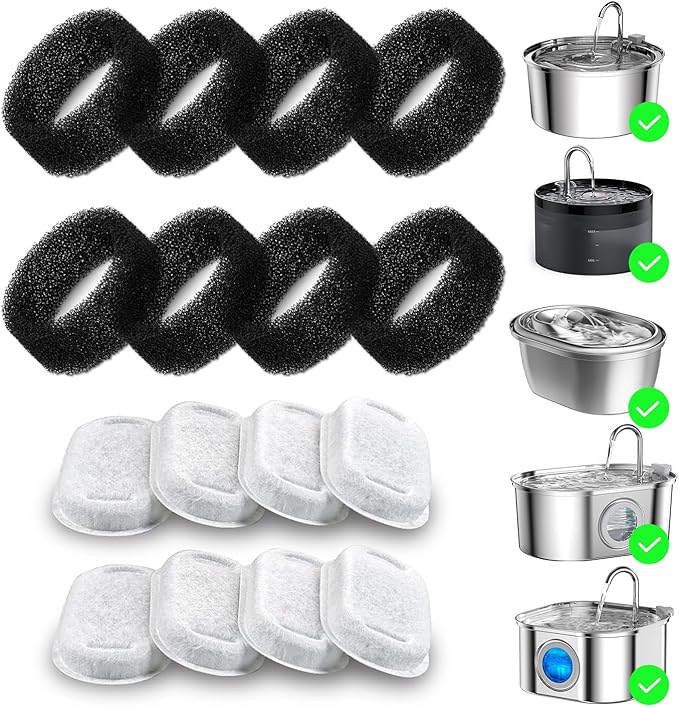 Wonder Creature 16 Pack Cat Water Fountain Filter Replacement, 4+4/8+8/12+12/16+16 Pack for Stainless Steel Cat Fountain 2L/67oz and 3.2L/108oz, 8 Carbon Filters & 8 Pre-Filter Sponges