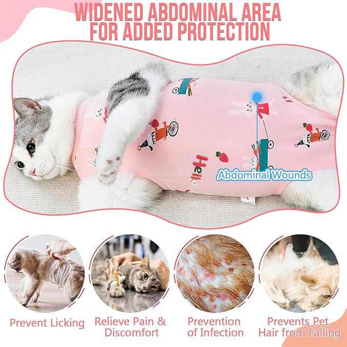 SlowTon Cat Recovery Suit - Cat Onesie for Cats After Surgery, Spay Suit for Abdominal Wounds, E-Collar Alternative Bodysuit Shirt Anti-Licking (Pink, S)
