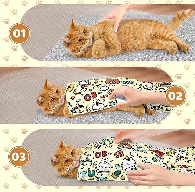 27.6" Cat Grooming Wrap for Cutting Nails, Graffiti Pattern Self-Adherent Fabric Wrap for Cats, Anti-Scratch Anti-Escape Multifunctional Cat Swaddle Tool for Teeth Brushing, Ear Cleaning