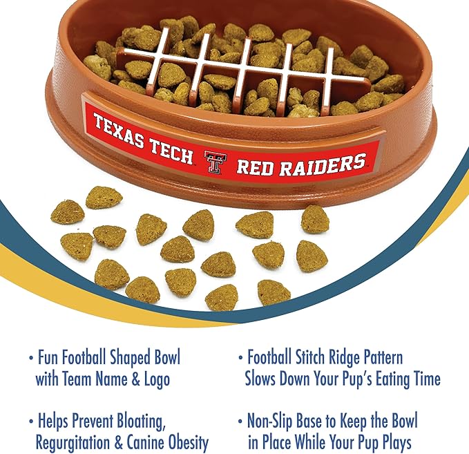 NCAA Super-Bowl - Texas TECH RED Raiders Slow Feeder Dog Bowl. Football Design Slow Feeding Cat Bowl for Healthy Digestion. Non-Slip Pet Bowl for Large & Small Dogs & Cats