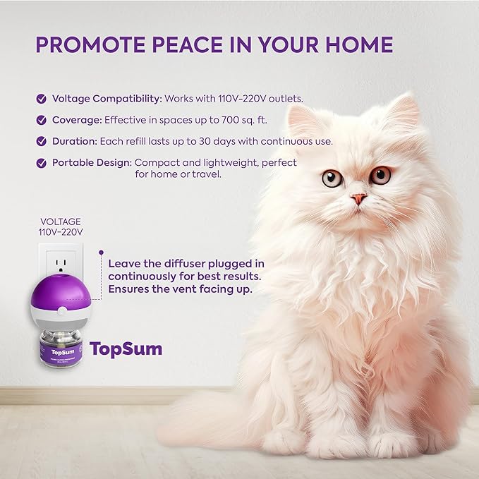 TopSum Cat Calming Pheromone Diffuser: Feline Pheromones Plug in for Stress, Along at Home, Spraying, Fighting, Scratching, Aggression & Excessive Meowing (Purple)
