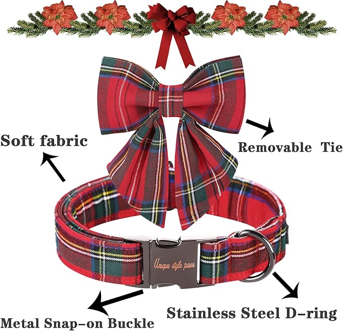 Unique style paws Christmas Dog Collar with Bow Tie Red Plaid Puppy Collar for Small Medium Large Dogs as Autumn Winter Gifts -XL