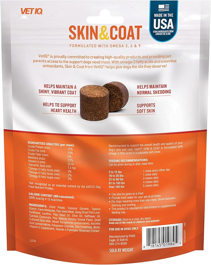 VetIQ Skin and Coat Supplement for Dogs, Helps Maintain Healthy Skin and Shiny Coat, Hickory Smoke Flavor Dog Chew, Made in The USA, 60 Count (Pack of 2)