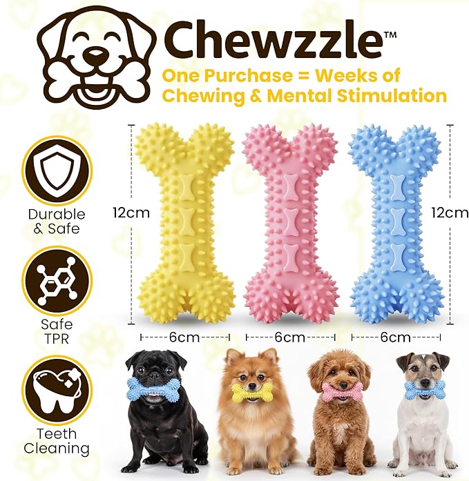 Chewzzle™ Dog Chew Toys for Small Dogs & Puppies | Soft TPR Textured Bones for Light to Moderate Chewers | 3-Pack Vibrant Colours, Safe & Engaging Design
