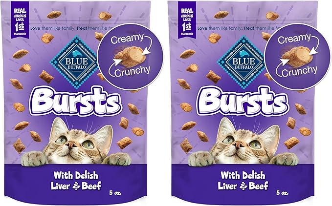 Blue Buffalo Bursts Crunchy & Creamy Cat Treats, Great for Training, Delish Liver & Beef, 5-oz Bag (Pack of 2)