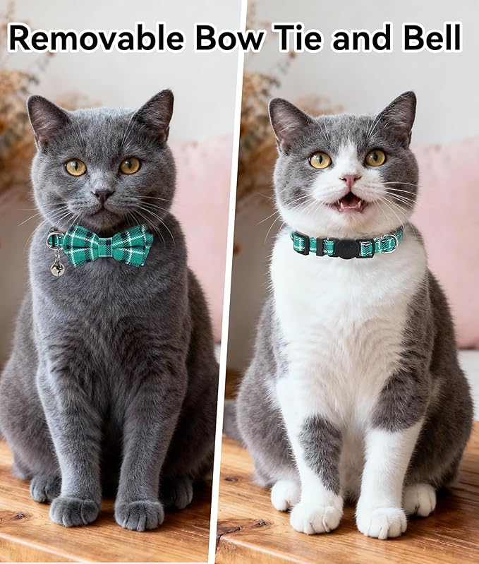 Joytale Upgraded Cat Collar with Bells, Breakaway Cat Collars with Bow Tie, 1 Pack Girl Boy Safety Plaid Kitten Collars, Teal