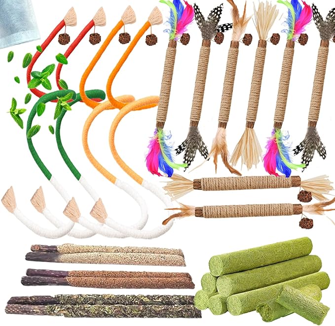 Cat Toys 24Pack Cats Grass Treat Catnip Toy with Silvervine for Indoor Kitten Toys Wood Kitty Chew Rope Grass Sticks for Teeth Cleaning Kitten Snack for Catnip Dental Care Self Play