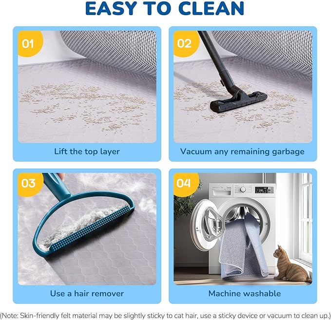 BurgeonNest Cat Litter Mat 47" x 35" Upgraded Felt & Fabric Material Cat Trapping Mat for Fewer Creases, Extra Large Hold 3-4 Litter Boxes Urine-Proof Non Slip, Machine Washable, Soft on Paws, Grey