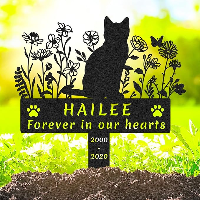 Custom Cat Memorial Grave Marker, Personalized Flowers Cat Metal Memorial Stake Outdoor Cemetery Plaque, Customized Name & Text & Dates Pet Grave Marker Available in Multiple Szie and Color