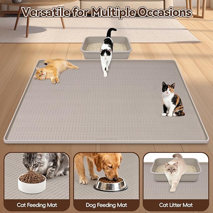 Kalolary Large Cat Litter Box Mat, 47" x 35" Silicone Litter Trapping Mat for Cats, Trapping Mat for Scatter Control with Raised Edge Waterproof Silicone Pad for Floor Non-Slip Easy to Clean (Beige)