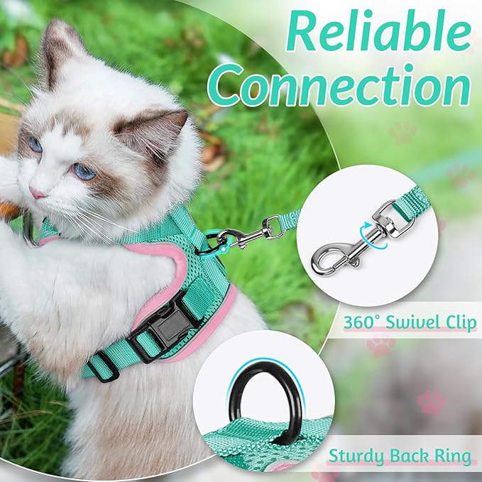 rabbitgoo Cat Harness and Leash for Walking, Escape Proof Soft Adjustable Vest Harnesses for Cats, Easy Control Breathable Reflective Strips Jacket, Green&Pink, S