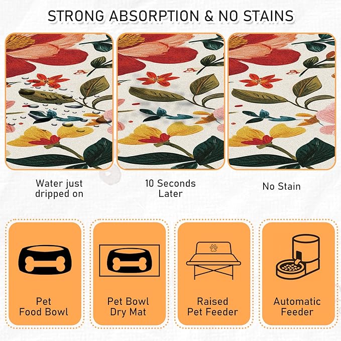 Pet Dog Cat Food Mat - Hamdwerk Absorbent Dog Bowl Mats for Food and Water, Anti Slip Cat Bowl Feeding Placemat for Floors, Quick Dry Diatomite Pet Dish Matts Supplies, Floral Style, 16 * 24in