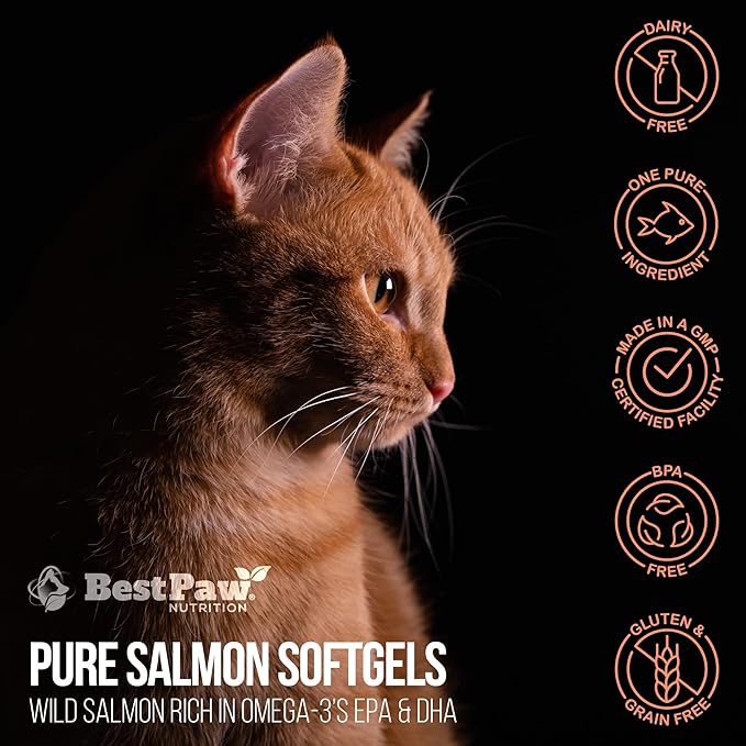 Best Paw Nutrition - Pure Salmon Soft Gels for Dogs & Cats - Omega 3 Capsules Supplement - Skin & Coat, Eyes, Heart Health - Joint Support Vitamins Pets Love - 500mg
