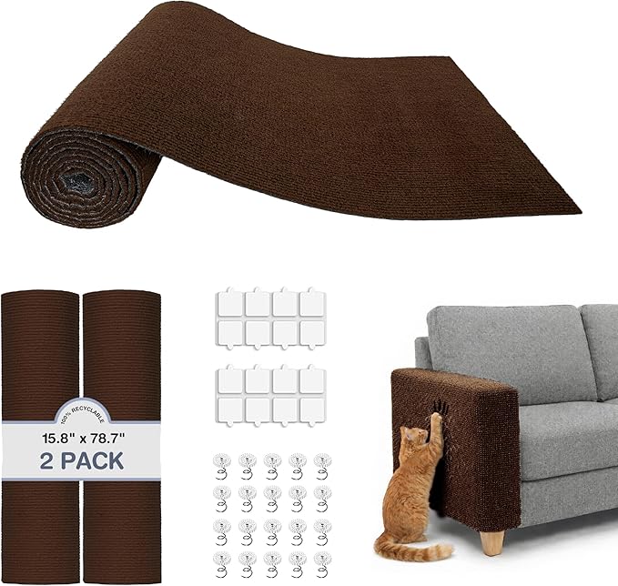 2 Pack Cat Scratcher Mat Roll for Furniture & Couch Protection | Total 157.5" x 15.8" Trimmable Self-Adhesive Carpet Cat Scratch Pad Replacement (Brown)