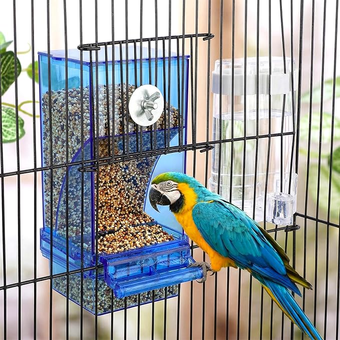 Yaomiao 8 Pcs No Mess Small Bird Feeders Automatic Parakeet Water Dispenser with 4 Pcs Cage Perch Clear Quail Feeder and Watered Cage Accessories for Small and Medium Parakeet Cockatiel Canary(Blue)
