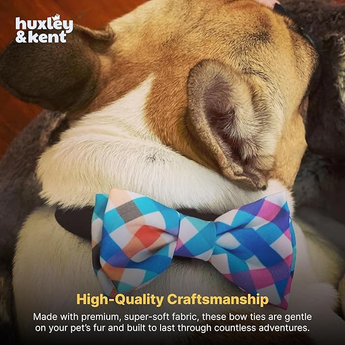 Huxley & Kent Pet Bow Tie for Dogs & Cats - Adjustable Hook & Loop Collar Accessory - Cute & Comfortable for Holidays & Celebrations - Blue/Green Check, Small
