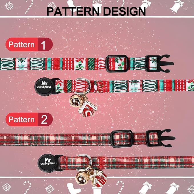 Christmas 2 Pack Cat Collar, Cute Soft Breakaway Kitty Collar with Bell&Pendent, Cotton Christmas Plaid Collar with Safety Buckle for Girl Boy Cats