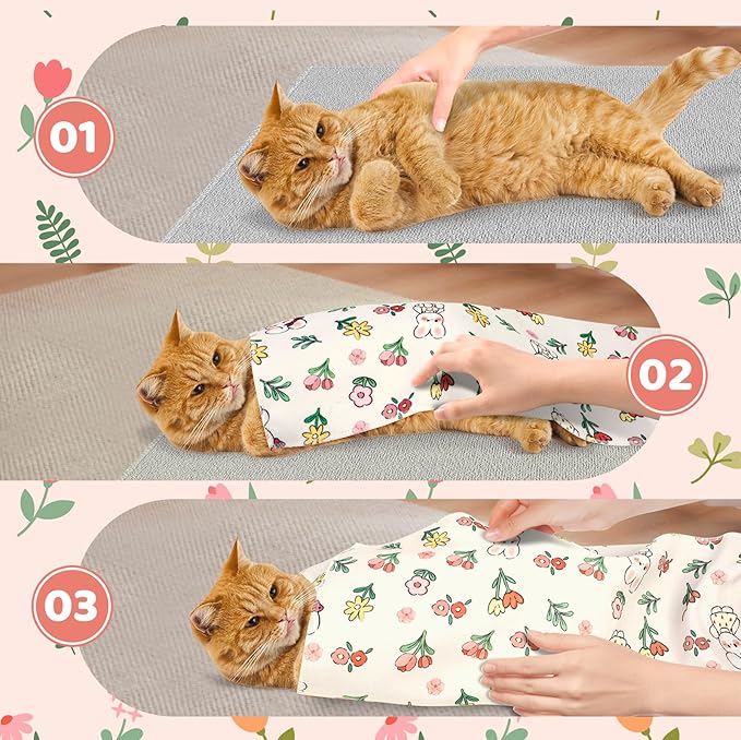 27.6" Cat Grooming Wrap for Cutting Nails, Rabbit Pattern Self-Adherent Fabric Wrap for Cats, Anti-Scratch Anti-Escape Multifunctional Cat Swaddle Tool for Teeth Brushing, Ear Cleaning