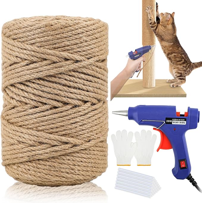 262 ft Sisal Rope for Cat Scratcher Kits, 6mm Thick Rope for Cat Scratch Post, DIY Hemp Twine with Hot Glue Gun and 30 Glue Sticks
