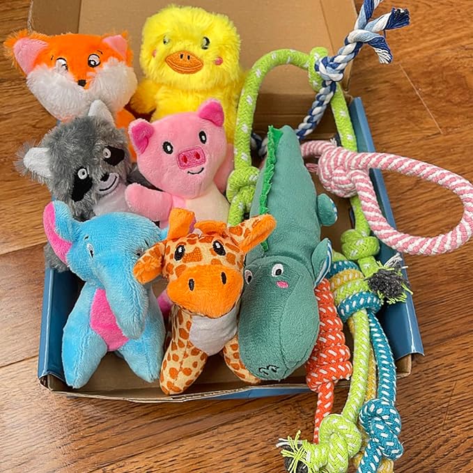 Jalousie Multipack Dog Squeaky Toys Bulk Bundle Pup Toy - Puppy Toys for Pets for Small Medium Breed (12 Pack Rope and Plush Animals)